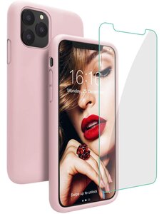 Ntech iPhone 12 / 12 Pro hoesje Nano siliconen Gel Rubber Licht Roze met 1X Glazen screenprotector