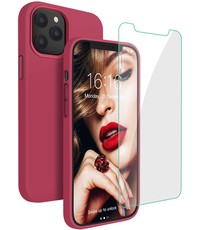 Ntech iPhone 12 / 12 Pro hoesje Nano siliconen Gel Rubber Wijnrood met 1X Glazen screenprotector