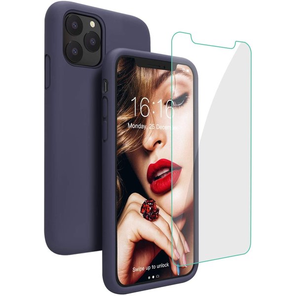 Ntech Hoesje Geschikt voor iPhone 12 / 12 Pro hoesje - Soft Nano siliconen Gel Rubber backcover Navy met 1X Glazen screenprotector