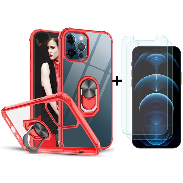 Ntech Hoesje Geschikt voor iPhone 12 / 12 Pro Hoesje met Premium ring houder - Hoesje Geschikt voor iPhone 12 kickstand armor backcover Rood + 2X screenprotector