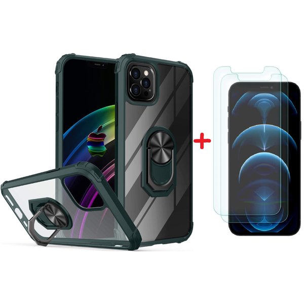 Ntech Hoesje Geschikt voor iPhone 12 / 12 Pro Hoesje met Premium ring houder - Hoesje Geschikt voor iPhone 12 kickstand armor backcover Groen + 2X screenprotector