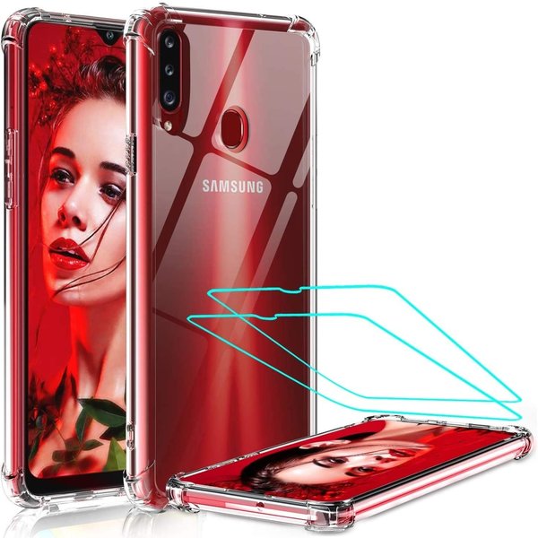 Ntech Hoesje Geschikt Voor Samsung Galaxy A20 Ssiliconen Hoesje - Extra Stevige Randen - transparant back cover met 2X screenprotector tempered glass