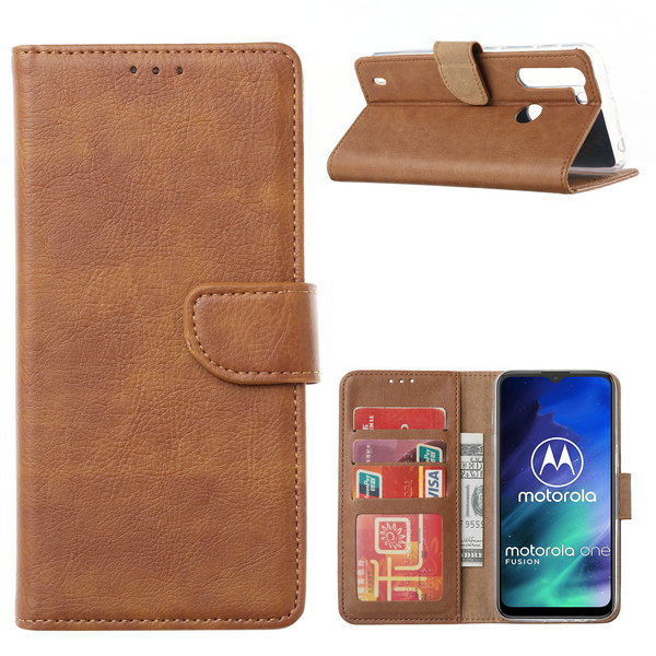 Ntech Hoesje geschikt voor Motorola Moto One Fusion Hoesje met Pasjeshouder booktype case - Bruin