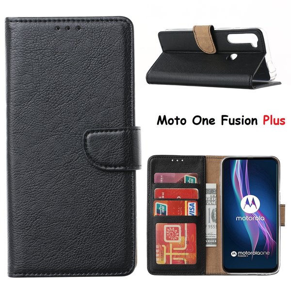 Ntech Hoesje geschikt voor Motorola Moto One Fusion Plus Hoesje met Pasjeshouder portemonnee bookcase - Zwart