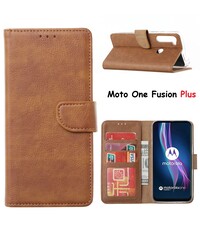 Ntech Motorola Moto One Fusion Plus Hoesje met Pasjeshouder portemonnee bookcase - Bruin