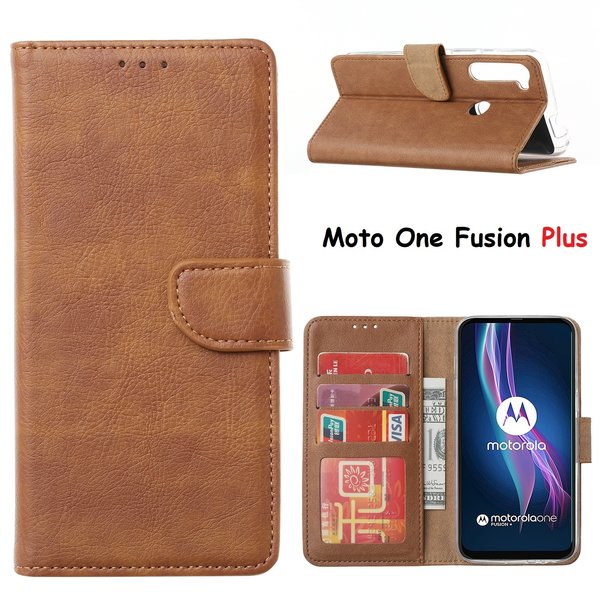 Ntech Hoesje geschikt voor Motorola Moto One Fusion Plus Hoesje met Pasjeshouder portemonnee bookcase - Bruin