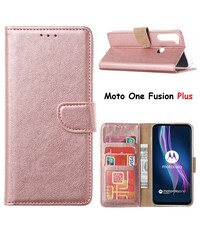 Ntech Motorola Moto One Fusion Plus Hoesje met Pasjeshouder portemonnee bookcase - Rose Goud