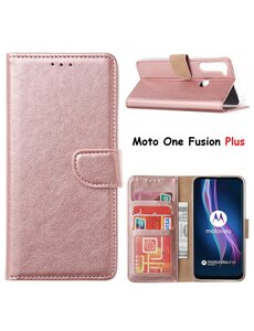 Ntech Motorola Moto One Fusion Plus Hoesje met Pasjeshouder portemonnee bookcase - Rose Goud