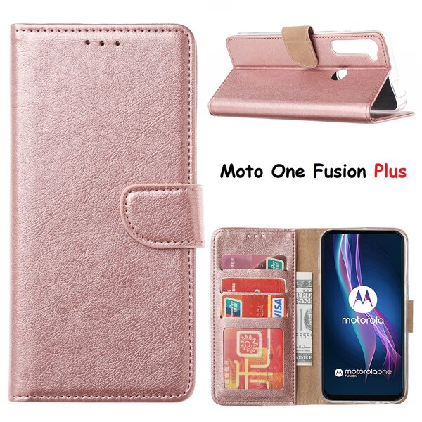 Ntech Hoesje geschikt voor Motorola Moto One Fusion Plus Hoesje met Pasjeshouder portemonnee bookcase - Rose Goud