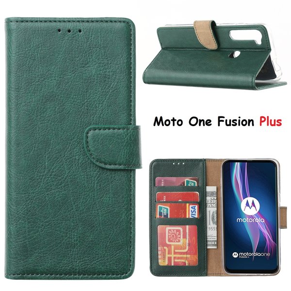 Ntech Hoesje geschikt voor Motorola Moto One Fusion Plus Hoesje met Pasjeshouder portemonnee bookcase - Groen