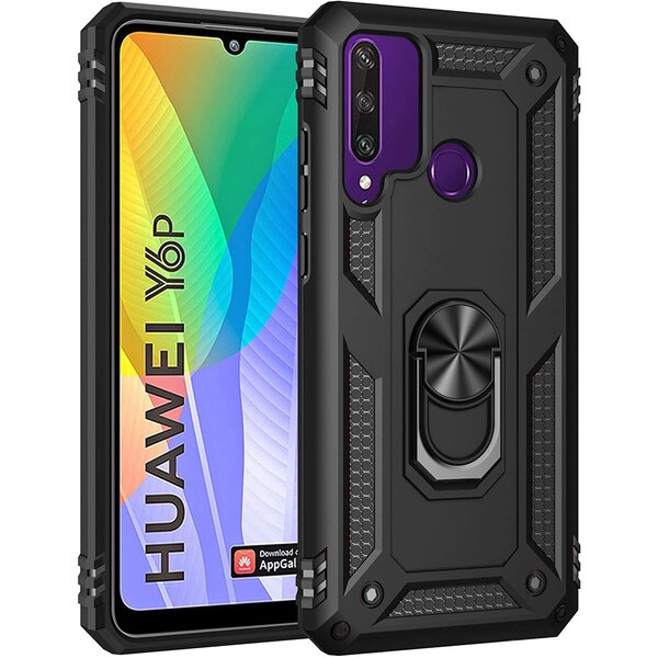 Ntech Hoesje Geschikt voor Huawei Y6p Hoesje - Anti-Shock Hybride Ring Armor met Kickstand - Zwart