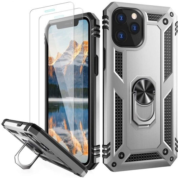 Ntech Hoesje Geschikt voor iPhone 12 Mini hoesje - Hardcase - Tough armor ring Zilver + 2 stuks screenprotector