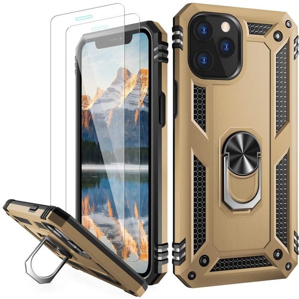 Ntech Hoesje Geschikt voor iPhone 12/12 Pro hoesje - Hardcase - Tough armor ring Goud + 2 stuks screenprotector