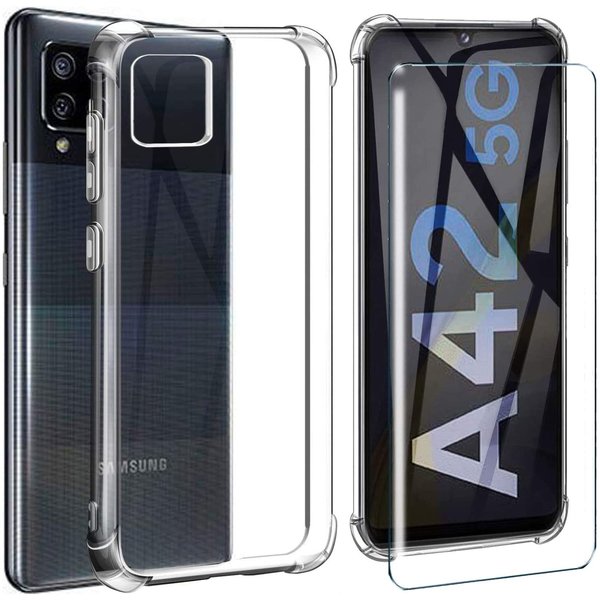 Ntech Hoesje Geschikt Voor Samsung Galaxy A42 Hoesje Schokbestendig Transparant - Shockproof siliconen Case met Galaxy A42 screen Protector 2 pack tempered glass