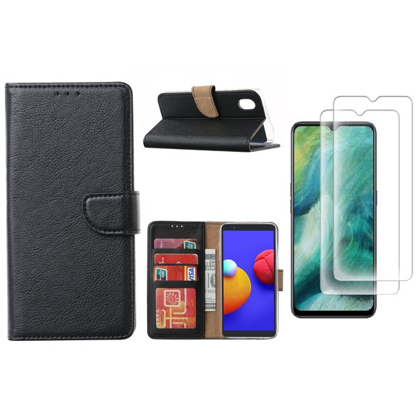 Ntech Hoesje Geschikt Voor Samsung Galaxy A01 Core Hoesje met Pasjeshouder booktype case / wallet cover Zwart  2 pack Screenprotector / tempered glass