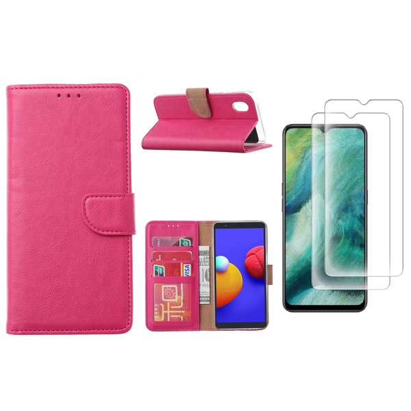 Ntech Hoesje Geschikt Voor Samsung Galaxy A01 Core Hoesje met Pasjeshouder booktype case / wallet cover Pink  2 pack Screenprotector / tempered glass