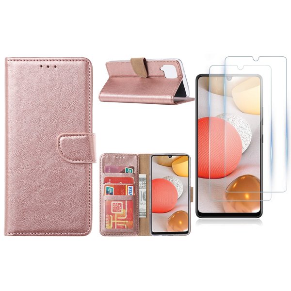 Ntech Hoesje Geschikt Voor Samsung Galaxy A42 5G hoesje bookcase Rose Goud - Galaxy A42 wallet case portemonnee - A42 book case hoes cover - 2X screenprotector / tempered glass