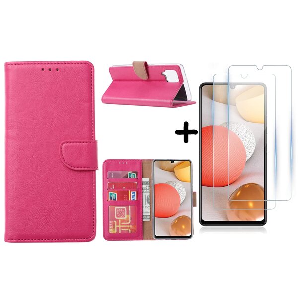 Ntech Hoesje Geschikt Voor Samsung Galaxy A42 5G hoesje bookcase Pink - Galaxy A42 wallet case portemonnee - A42 book case hoes cover - 2X screenprotector / tempered glass