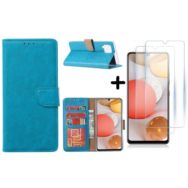 Ntech Hoesje Geschikt Voor Samsung Galaxy A42 5G hoesje bookcase Turquiose - Galaxy A42 wallet case portemonnee - A42 book case hoes cover - 2X screenprotector / tempered glass