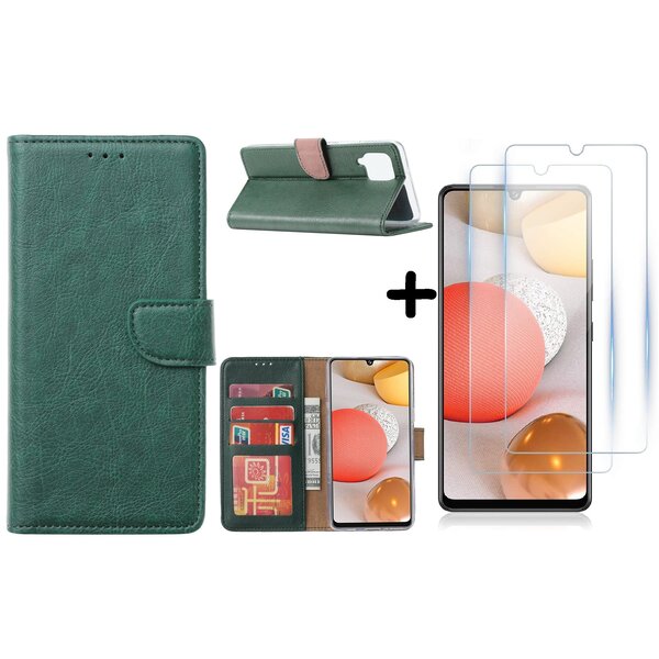 Ntech Hoesje Geschikt Voor Samsung Galaxy A42 5G hoesje bookcase Groen - Galaxy A42 wallet case portemonnee - A42 book case hoes cover - 2X screenprotector / tempered glass