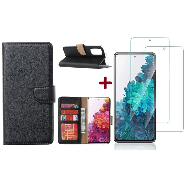 Ntech Hoesje Geschikt Voor Samsung Galaxy S20 FE hoesje - bookcase Zwart - Galaxy S20 FE wallet case portemonnee hoesje - S20 FE book case hoes cover Met 2X screenprotector / tempered glass