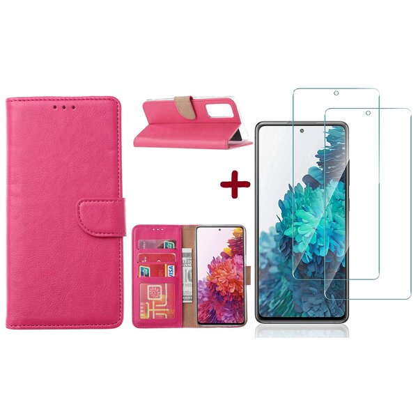 Ntech Hoesje Geschikt Voor Samsung Galaxy S20 FE hoesje - bookcase Pink - Galaxy S20 FE wallet case portemonnee hoesje - S20 FE book case hoes cover Met 2X screenprotector / tempered glass