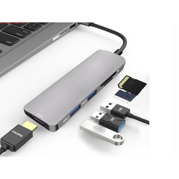 Ntech USB-C Hub Adapter 6-in-1 Geschikt voor Apple Hoes Geschikt voor Macbook Pro / Air / iMac / Mac Mini / Google Chromebook / Windows / HP / ASUS / Lenovo - Type-C Kabel naar 4K UHD HDMI Converter - SD Kaart slot - USB 3.0