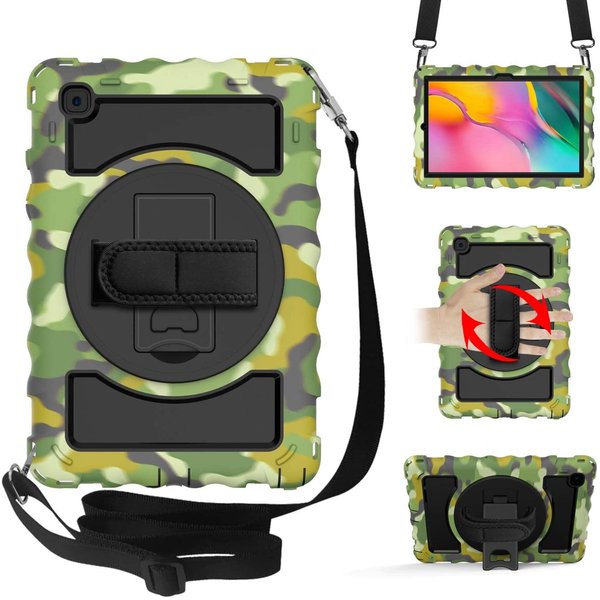 Ntech Hoes Geschikt voor Samsung Galaxy Tab A7 Hoes Kids Case - 10.4 - (2020/2022) - Robuuste Hybridee Armor met Handband - Camouflage Groen