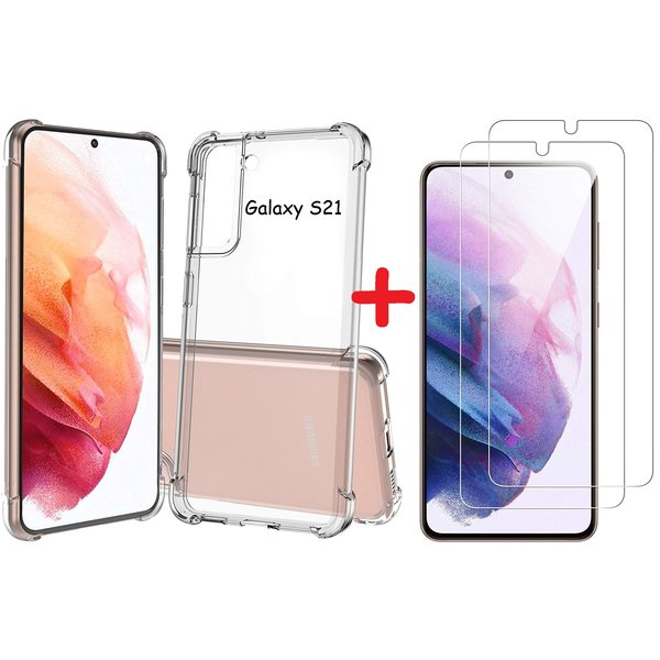 Ntech Hoesje Geschikt Voor Samsung Galaxy S21 hoesje Anti Shock Back Case + 2x Glazen Screenprotector / tempered glass