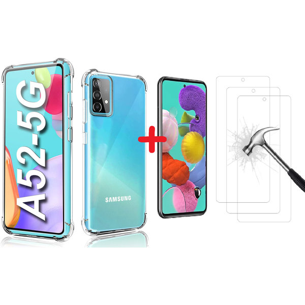 Ntech Hoesje Geschikt Voor Samsung Galaxy A52 hoesje Anti Shock Back Case + 2x Glazen Screenprotector / tempered glass