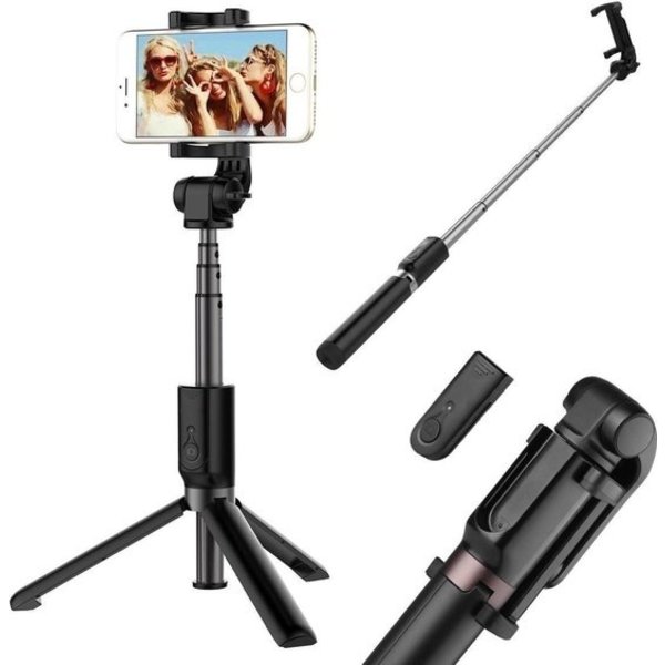 Ntech  Selfie Stick Draadloos 3 in 1 Tripod voor Geschikt voor iPhone 14 / 14 Pro / 14 Pro Max / Geschikt voor iPhone  13 / 12 / 12 / 13 Pro / 12 / 13 Pro Max - Zwart