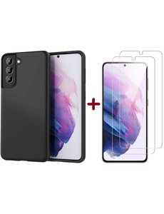 Ntech Samsung Galaxy S21 hoesje Zwart siliconen + 2 Stuks Tempered Glass Screen Protector