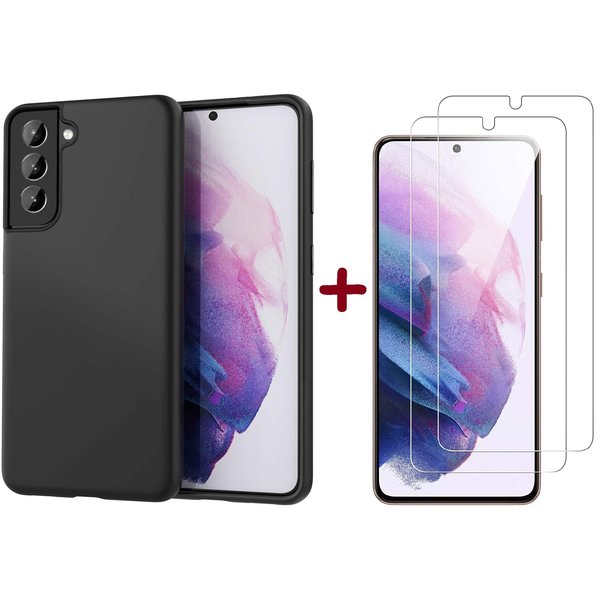 Ntech Hoesje Geschikt Voor Samsung Galaxy S21 hoesje Zwart siliconen case - Hoesje Geschikt Voor Samsung Galaxy S21 backcover Soft TPU case Met Hoesje Geschikt Voor Samsung Galaxy S21 Tempered Glass Screen Protector - 2 Pack