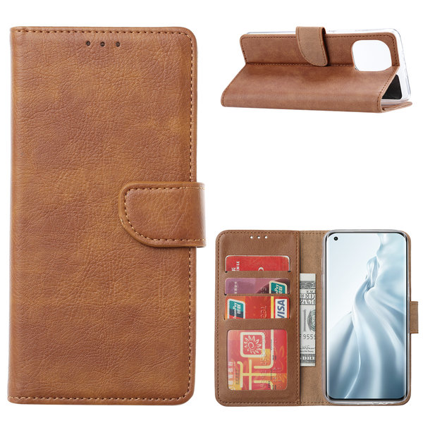 Ntech Hoesje Geschikt voor Xiaomi Mi 11 Hoesje - Mi 11 bookcase cover met Pasjeshouder - Bruin