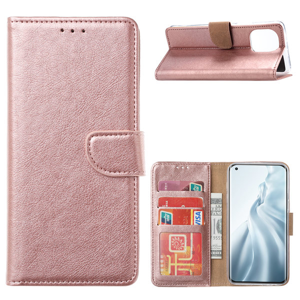 Ntech Hoesje Geschikt voor Xiaomi Mi 11 Hoesje - Mi 11 bookcase cover met Pasjeshouder - Rose Goud
