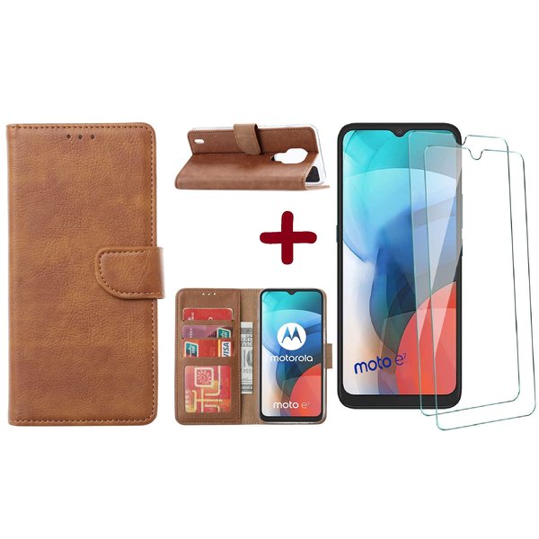 Ntech Geschikt voor Moto E7 hoesje - Geschikt voor Moto E7 wallet case portemonnee - Geschikt voor Moto E7 bookcase cover Bruin met - Geschikt voor Moto E7 screenprotector / 2 pack tempered glass