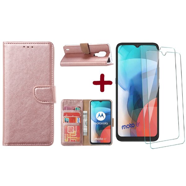 Ntech Geschikt voor Moto E7 hoesje - Geschikt voor Moto E7 wallet case portemonnee - Geschikt voor Moto E7 bookcase cover Rose Goud met - Geschikt voor Moto E7 screenprotector / 2 pack tempered glass