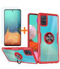 Ntech Samsung Galaxy A71 hoesje Luxe carbon TPU Backcover - Metalen Ring Houder - Rood met 2 pack screenprotector