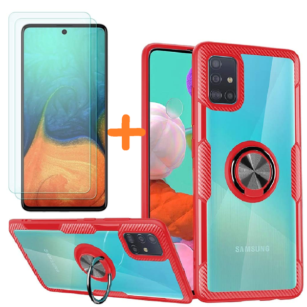 Ntech Hoesje Geschikt Voor Samsung Galaxy A71 hoesje Luxe carbon TPU Backcover - Metalen Ring Houder - Rood met 2 pack screenprotector