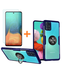 Ntech Samsung Galaxy A71 hoesje Luxe carbon TPU Backcover Met Metalen Ring Houder - Blauw met 2 pack screenprotector