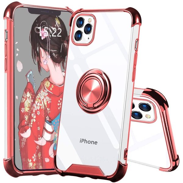 Ntech Hoesje Geschikt voor iPhone 12 Pro Max hoesje - Backcover met Ringhouder - Verstevigde hoeken - Transparant/Roze