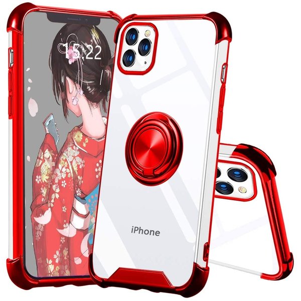 Ntech Hoesje Geschikt voor iPhone 12 Pro Max hoesje - Backcover met Ringhouder - Verstevigde hoeken - Transparant/Rood