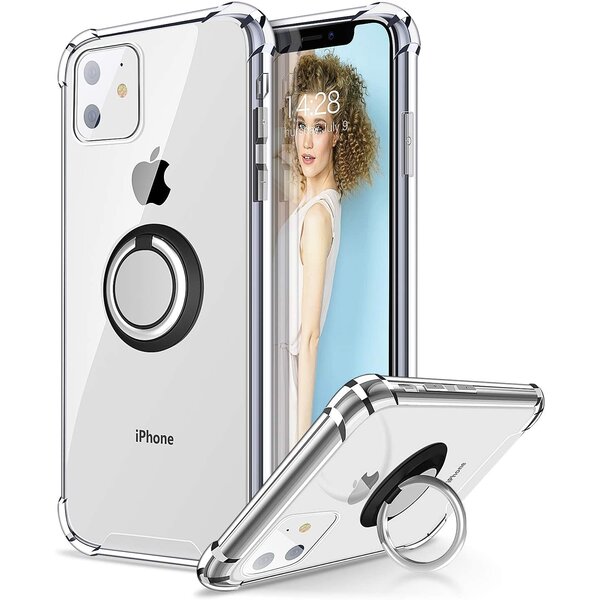 Ntech Hoesje Geschikt voor iPhone 12 Pro Max hoesje - Backcover met Zwarte Ringhouder - Verstevigde hoeken - Transparant