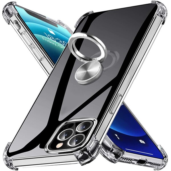 Ntech Hoesje Geschikt voor iPhone 12 Pro Max hoesje - Backcover met Ringhouder - Verstevigde hoeken - Transparant/Zwart