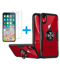 Ntech Apple iPhone Xr hoesje Luxe carbon TPU Backcover Met Metalen Ring Houder - Zwart met 2 pack screenprotector