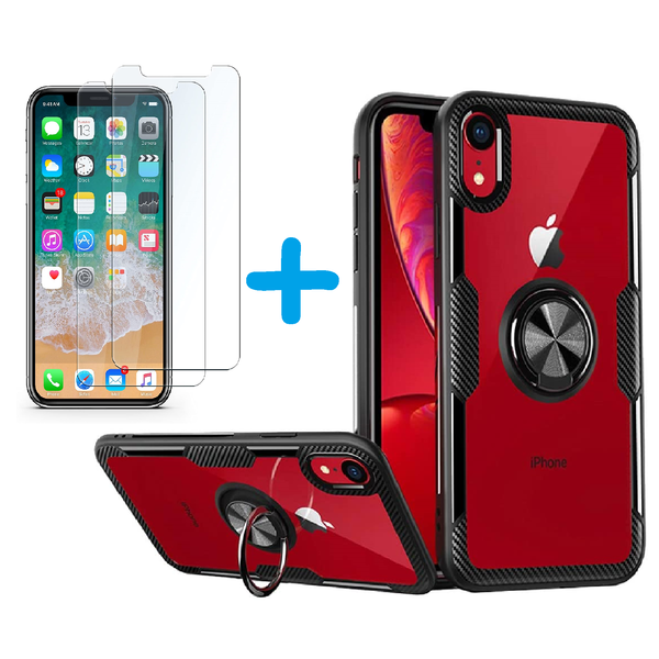 Ntech Hoesje Geschikt voor iPhone Xr hoesje Luxe carbon TPU Backcover Met Metalen Ring Houder - Zwart met 2 pack screenprotector