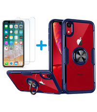 Ntech Apple iPhone Xr hoesje Luxe carbon TPU Backcover Met Metalen Ring Houder - Blauw met 2 pack screenprotector