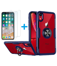 Ntech Apple iPhone Xr hoesje Luxe carbon TPU Backcover Met Metalen Ring Houder - Rood met 2 pack screenprotector