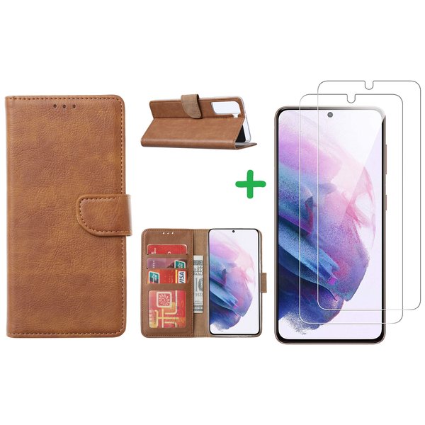 Ntech Hoesje Geschikt Voor Samsung Galaxy S21 hoesje bookcase Bruin - Hoesje Geschikt Voor Samsung Galaxy s21 hoesje bookcase wallet case portemonnee book case hoes cover hoesjes met 2 stuks Screenprotector