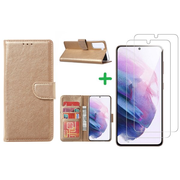 Ntech Hoesje Geschikt Voor Samsung Galaxy S21 hoesje bookcase Goud - Hoesje Geschikt Voor Samsung Galaxy s21 hoesje bookcase wallet case portemonnee book case hoes cover hoesjes met 2 stuks Screenprotector